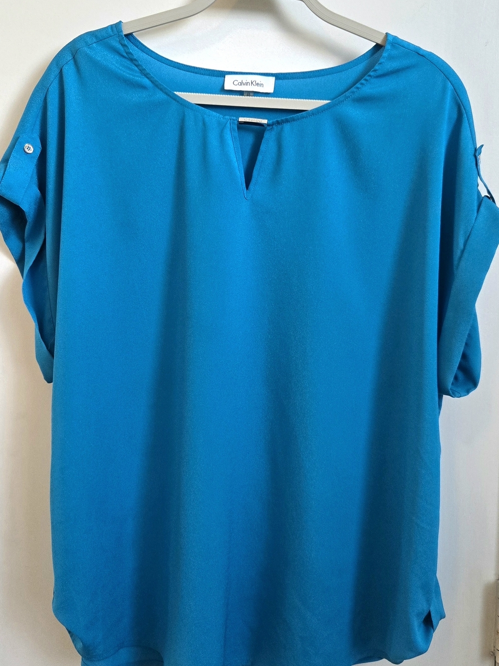 Calvin Klein Women's Teal Blue Keyhole Roll-Tab Blouse